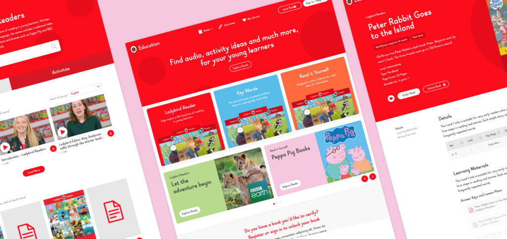 Three screens showing the Ladybird Education website interface with a bright red header and colourful book cover thumbnails arranged in a grid layout. The design appears clean and modern, displaying what looks like a digital library or bookstore catalogue.