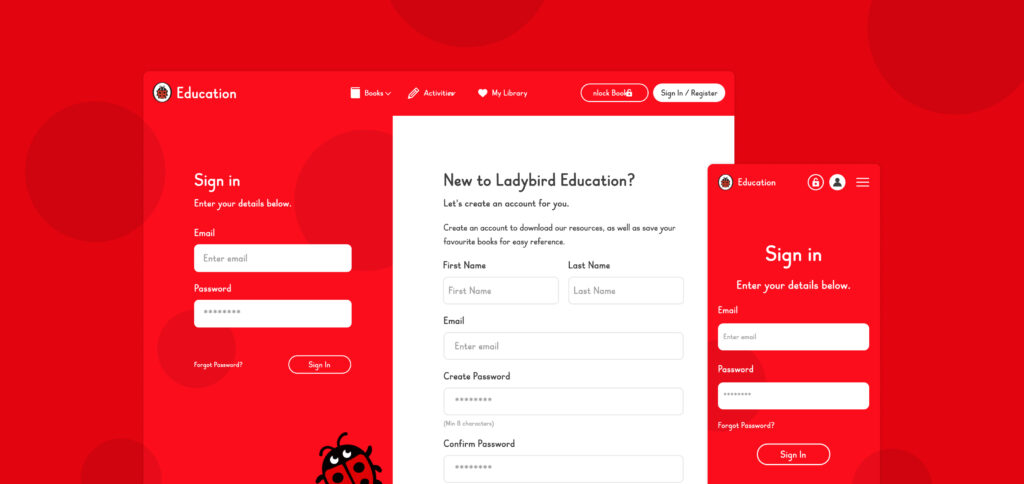 A Ladybird Education login screen featuring a bright red background with white text and input fields. The interface shows both sign-in and sign-up options, with form fields for email and password entry, maintaining distinctive visual branding.