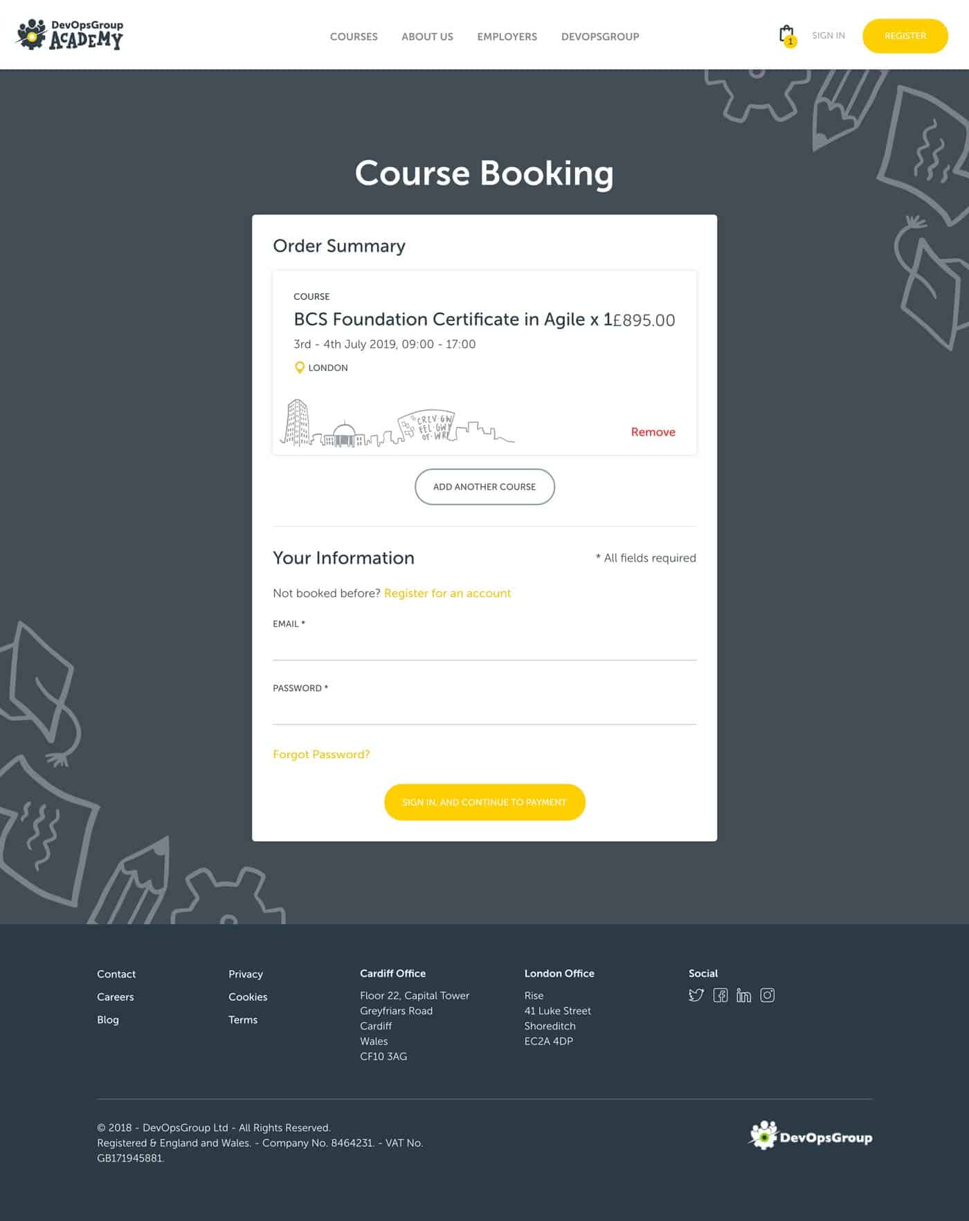 Bespoke Course Booking, Checkout Page on DevOpsGroup Academy Website