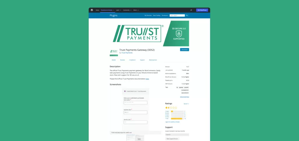 A simple dashboard interface showing Trust Payments company details and merchant settings. The layout features a clean, organised structure with white elements against a green background, making key information easily scannable.