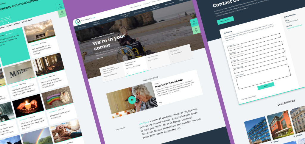A collection of angled website screenshots for a leading UK law firm displaying modern WordPress layouts in teal and purple colour schemes. The designs showcase various content sections including image galleries, contact forms and blog posts, arranged in a diagonal, overlapping composition.
