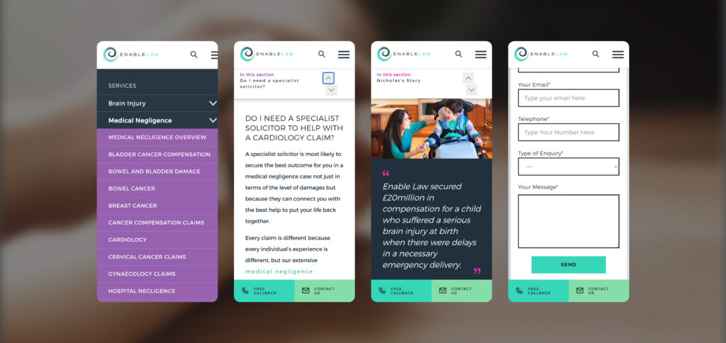 A series of mobile app screenshots showing a WordPress website interface for a leading UK law firm. The screens display various configuration steps with clean, minimalist design and teal-coloured action buttons.