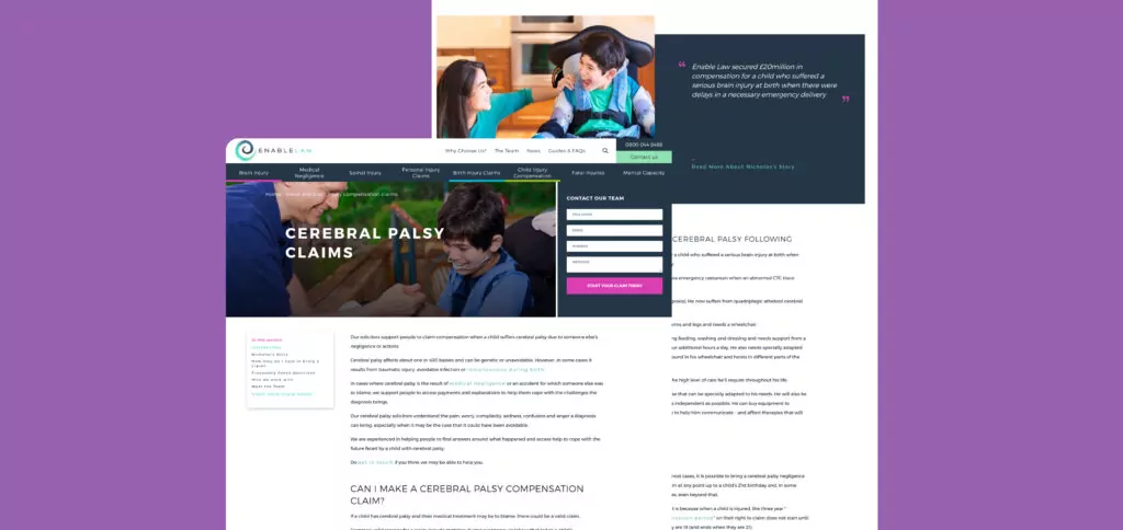 A WordPress website homepage featuring a dark navy header with contact form and text content below. The design uses a clean, professional layout with purple accents, demonstrating a modern law firm's online presence.