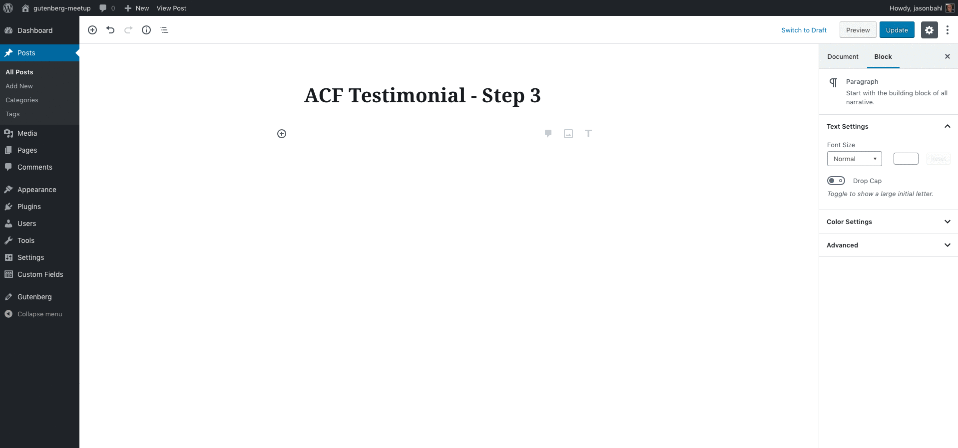 A gif showing a demo of the Gutenberg editor in WordPress, built using ACF