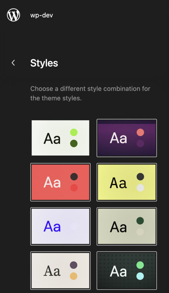 View of styles in the WordPress sidebar introduced in WordPress 6.3