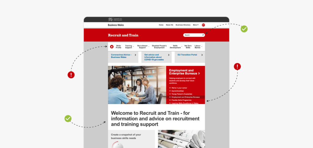 A clean, professional website design for Business Wales showing their homepage with red header navigation and featured content about healthcare solutions. The layout emphasises clear information architecture with prominent call-to-action buttons.