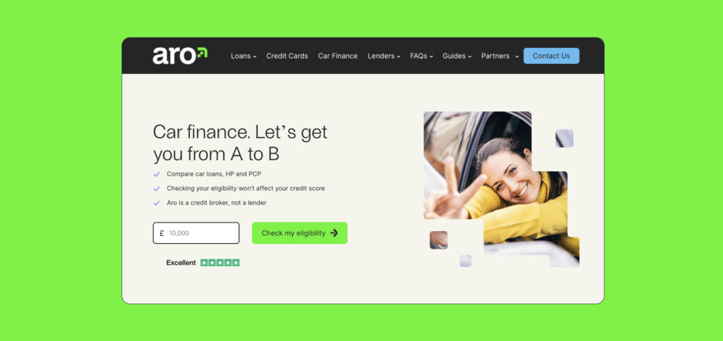 Screenshot of the Aro website homepage featuring a green background and dark header. The main heading reads "Car finance - Let's get you from A to B" alongside an image showing keys being handed over.