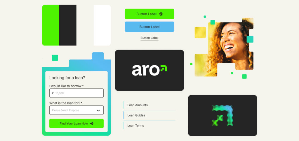 A vibrant collage showcasing Aro's branding elements, including their black and neon green cards, contact forms, and design elements. The layout features modern geometric shapes and bright accent colours against a white background.
