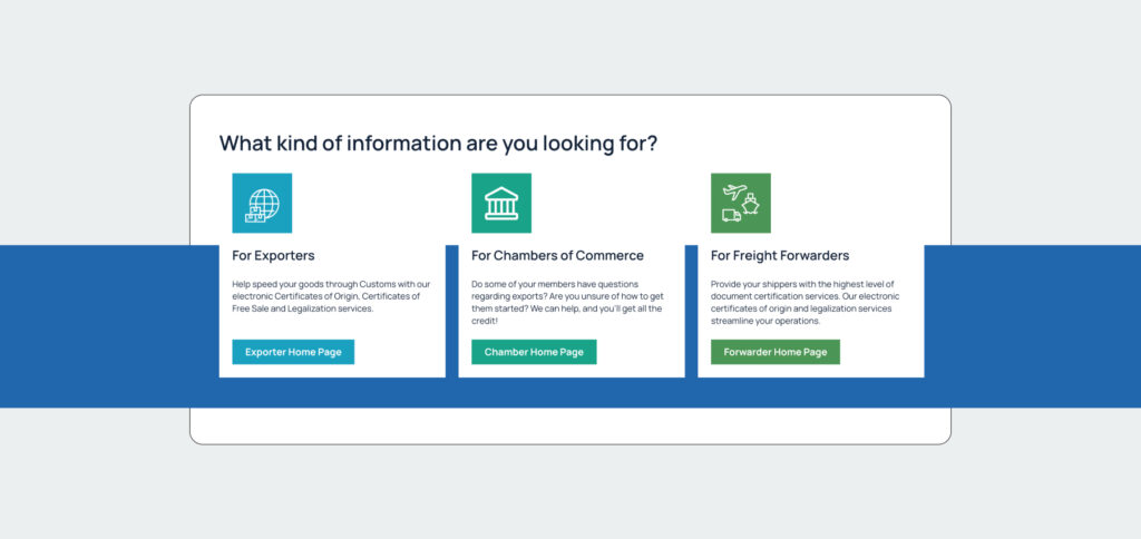 AWTCC's user interface showing three selection boxes, each with descriptive text and icons. The boxes are part the a website's information filtering system, presented in a clean, modern design with a blue and white colour scheme.