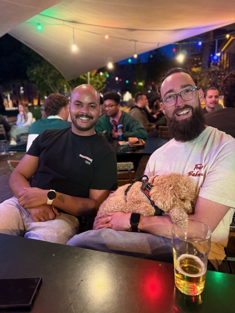 Tayo of Drewl and Scott of Illustrate Digital hanging out with the WordPress community in Basel, June 2025