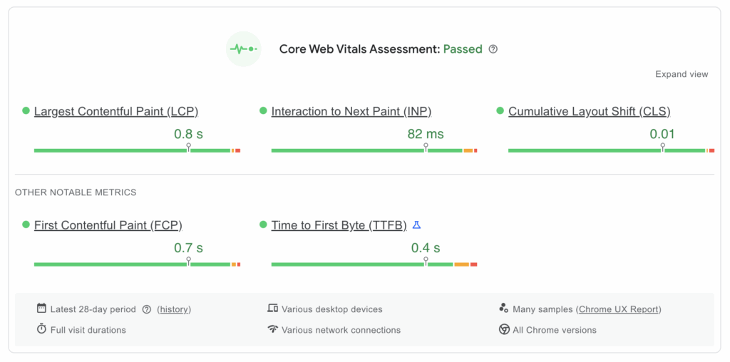 PageSpeed Insights results showing strong Core Web Vitals performance from the Burges Salmon website