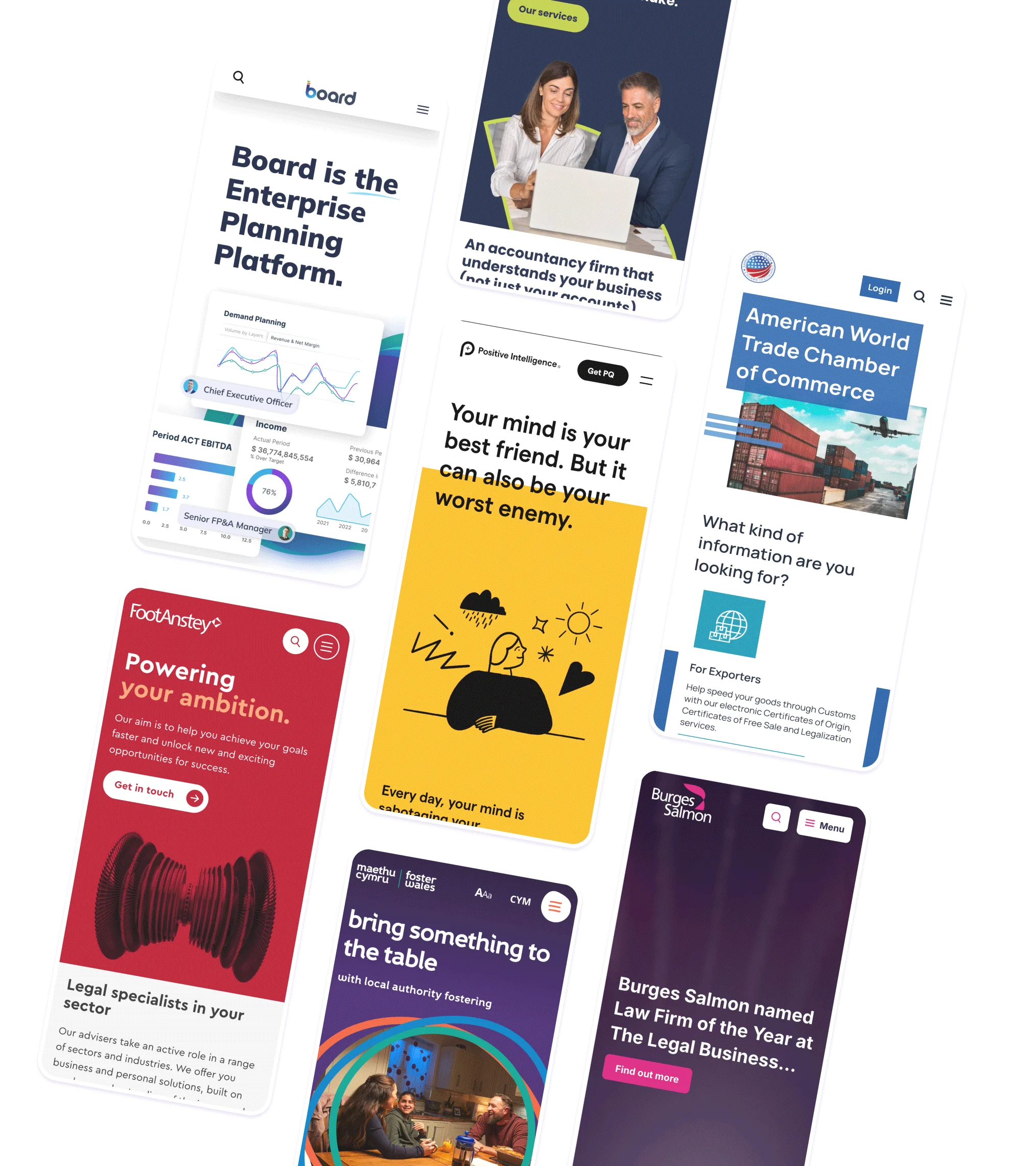 Examples of mobile website designs created by our team at Illustrate Digital – the expert WordPress agency for regulated organisations – showcasing different client projects.