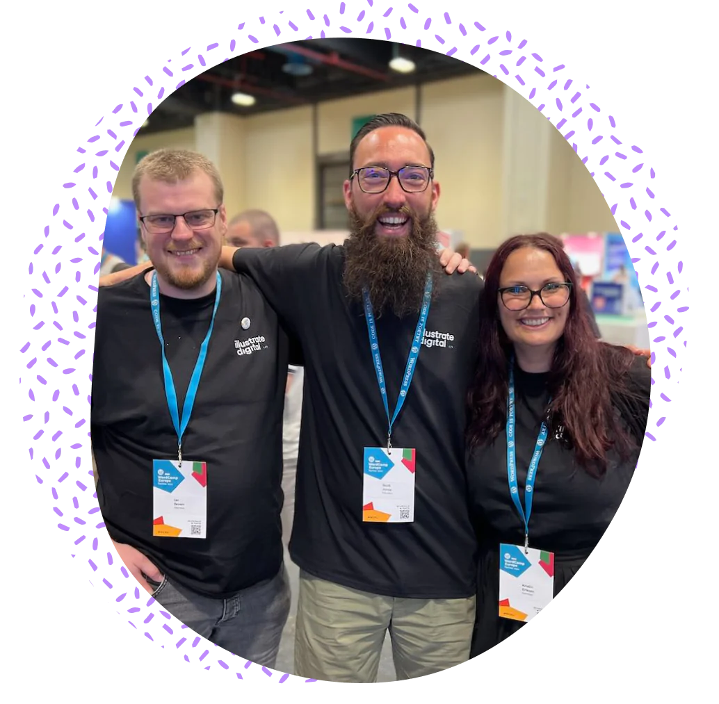 An image of three WordPress experts from agency Illustrate Digital attending an industry conference in Europe