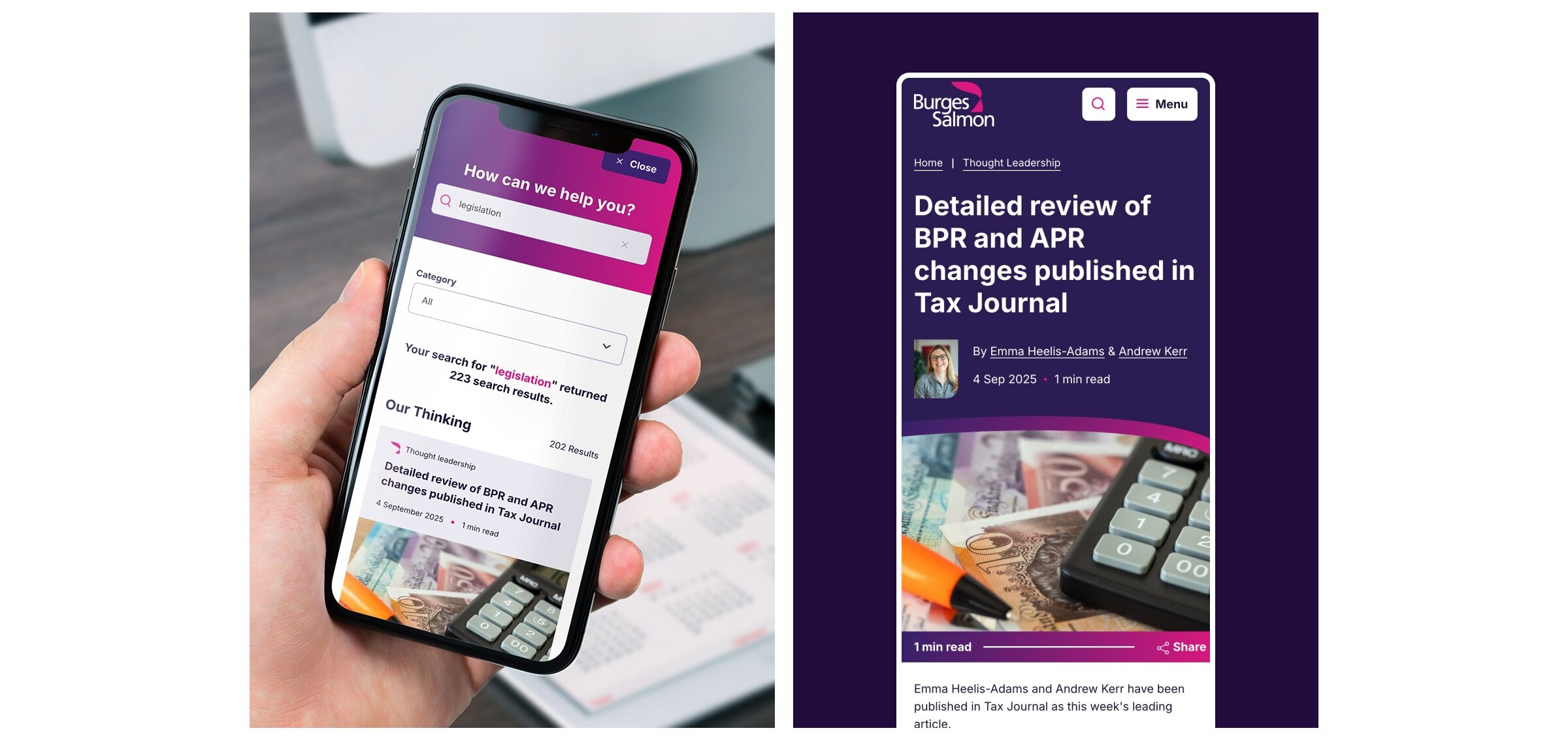 An image showing examples of the Burges Salmon website being used in real-world scenarios on mobile devices by users
