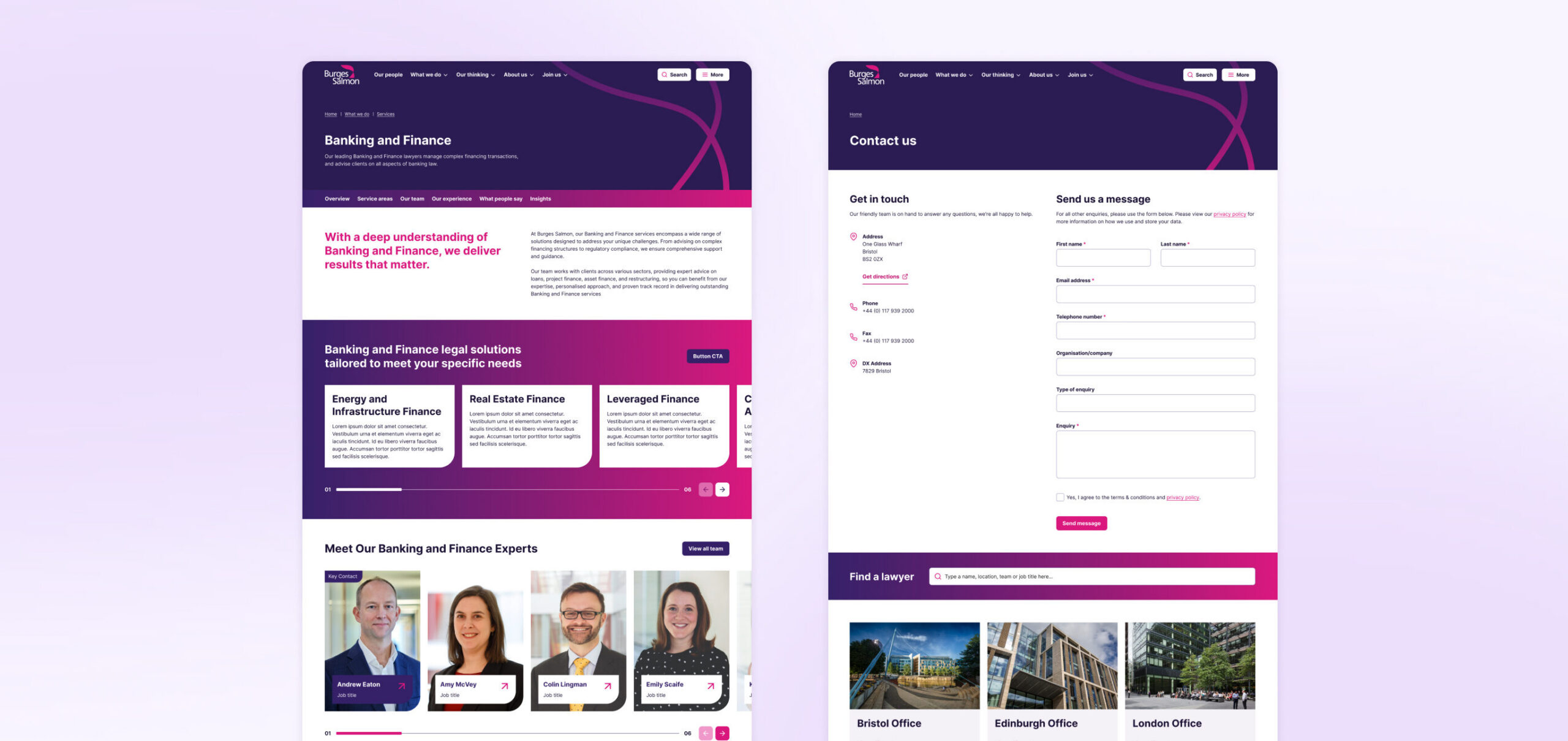 UX design mockups of the Burges Salmon website, a top 50 UK law firm, built by Illustrate Digital's team of WordPress experts based in Bristol